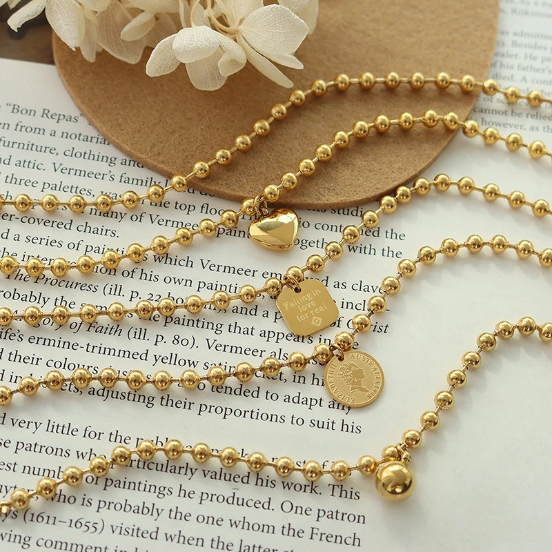 

Delicate 18K Gold Plated Beaded Chain Heart Bracelets Women Gold Stainless Steel Ball Bracelet Jewelry