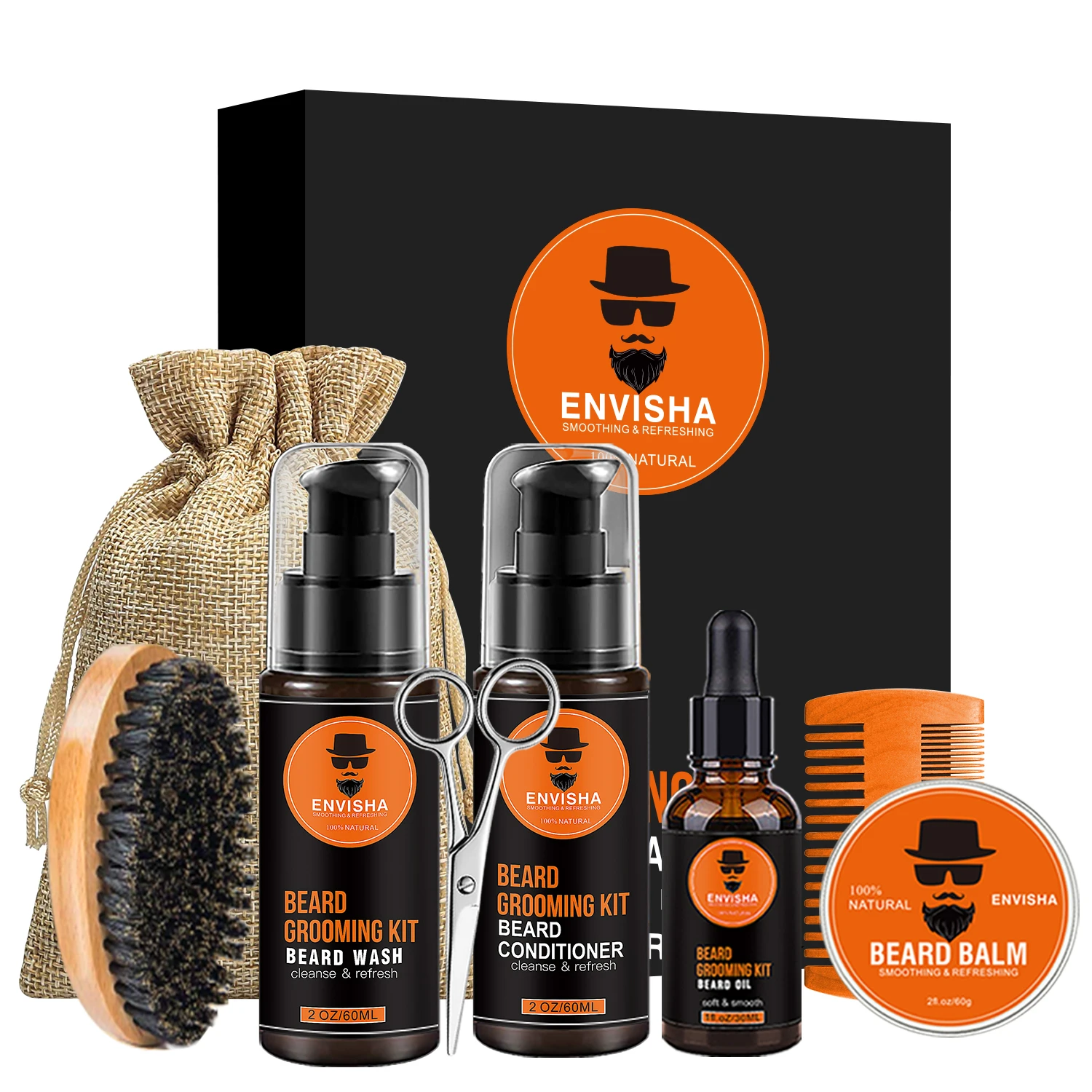 

Envisha beard care products wholesale private label organic 8pcs comb balm beard growth kit natural shampoo men beard oil set