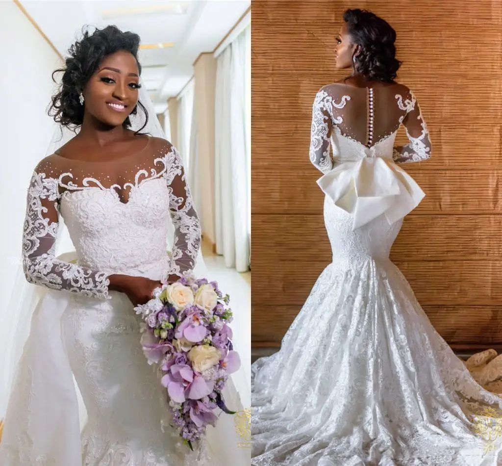 

Luxury African Long Sleeves Mermaid Wedding Dress With Detachable Train Tulle Lace Applique Beads Plus Size Bridal, Custom made