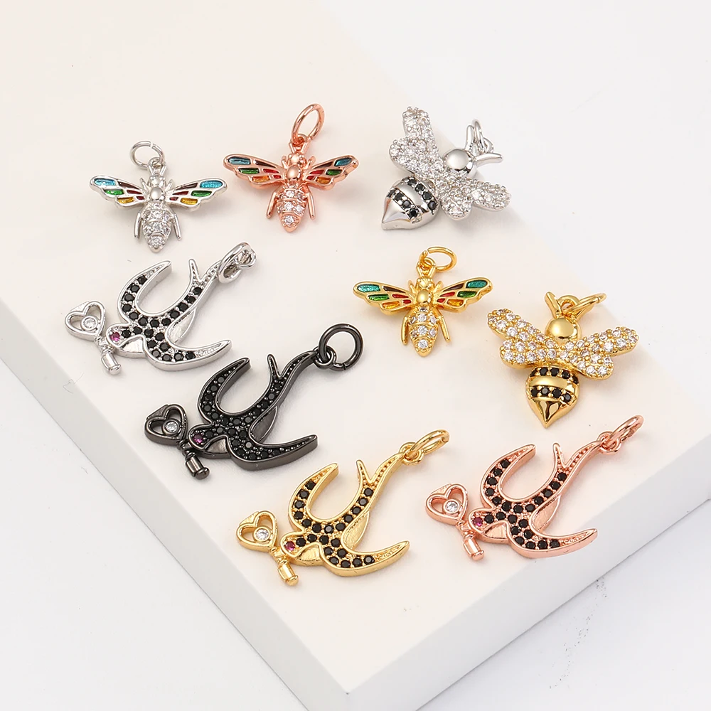 

Cute style 18k gold plated copper with zircon charms bee swallow charms pendant for jewelry necklace bracelet earring making