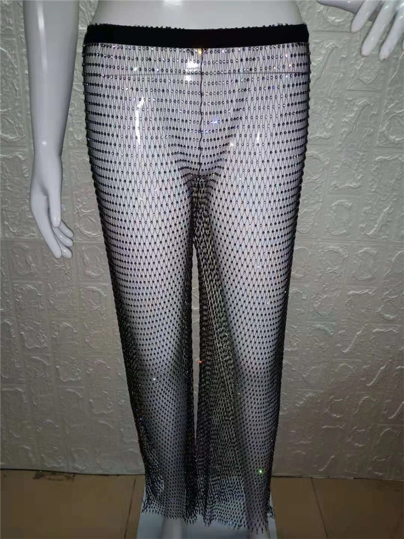 Crystal Diamond Mesh Pants Women Sexy Summer Hollow Out Loose Long Fishnet  Pants
