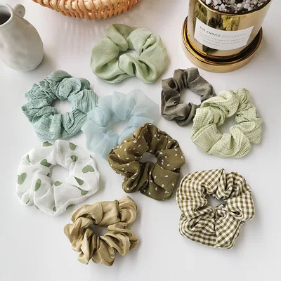 

2021 French Style Women Hair Accessories Green Color Velvet Hair Loops Elastic Wave Point Print Hair Scrunchies
