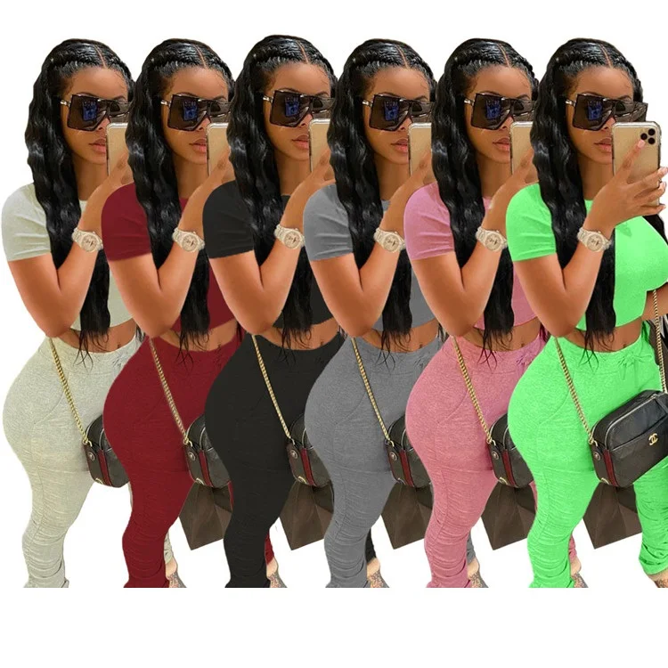 

2021 Hot Sale Casual Ladies Crop T-shirt Workout Stacked Pants Spring Fitness Sweat Suits Women Two Piece Set, Picture color