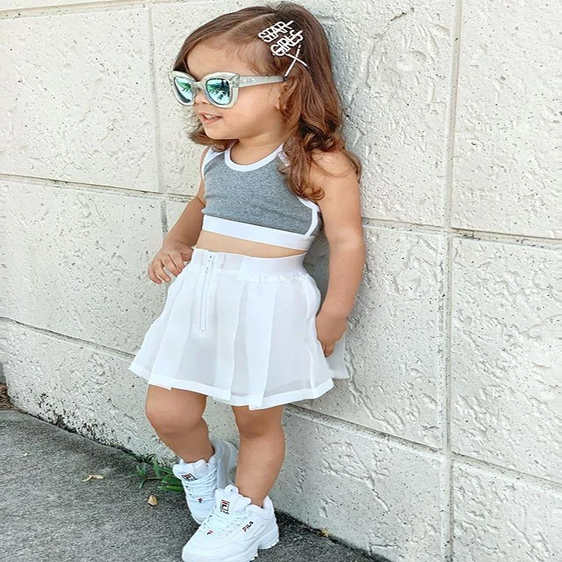 2020 Summer Toddler Kid Baby Girl Clothes Sets girls Yellow Cotton Short Sleeve Top T-shirt +Tight Skirt  2pcs Outfit