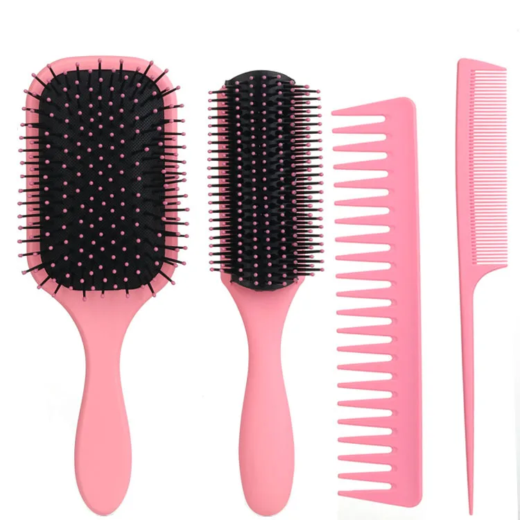 

Detangling hair brush custom logo 4pcs Set detangler brush cepillo para cabello wide tooth comb and rat tail comb set for women, Pink green black purple