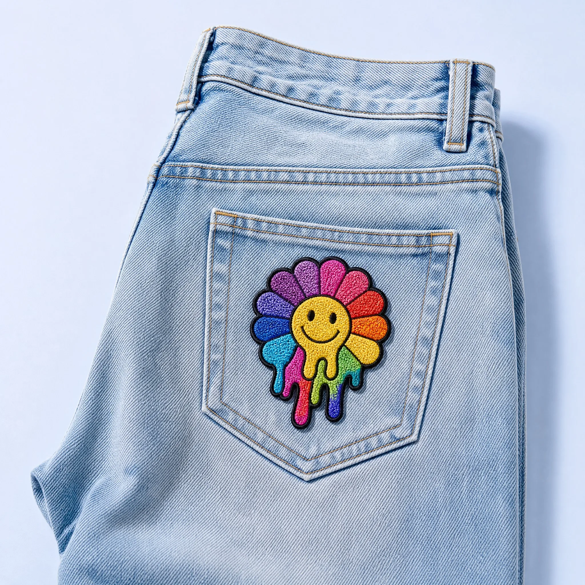 Light Wash Denim Jeans Back Pocket Featuring Vibrant Melting Rainbow Smiley Sunflower Patch