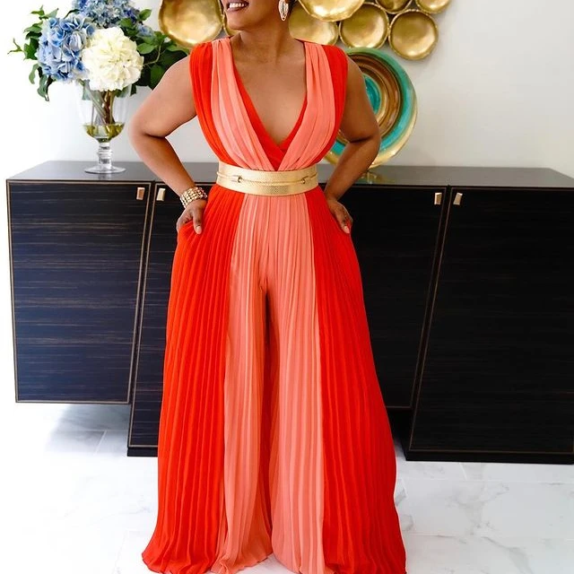 

Summer New Pleated Waist Sleeveless Sexy Deep V Neck Women Jumpsuit