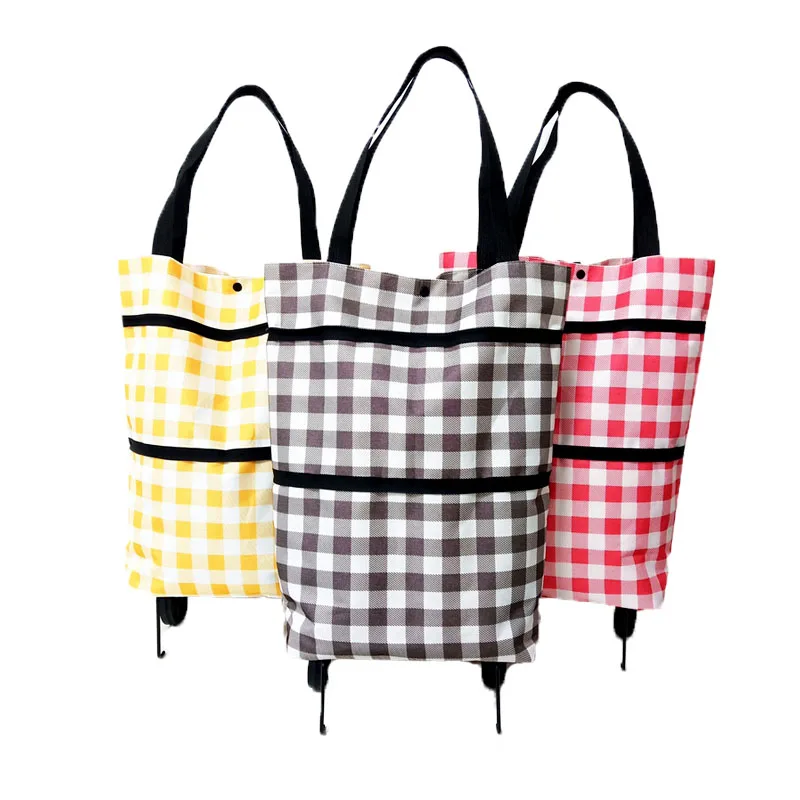 

600D Oxford Fabric Waterproof Folding Shopping Bag with Wheels Plaid Floral Digital Printed Grocery Bag