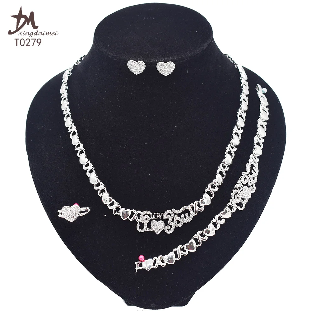 

T0279 High quality silver color fishbone 4piece I love you jewelry set big set african jewelry