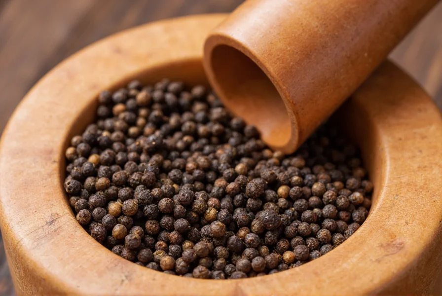 Close-up photography of freshly ground black peppercorns on wooden cutting board with mortar and pestle