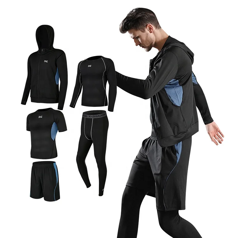 

YH-072 5Pcs Men Compression Pants Shirt Top Long Sleeve Jacket Set workout clothes for gym, 8 colors