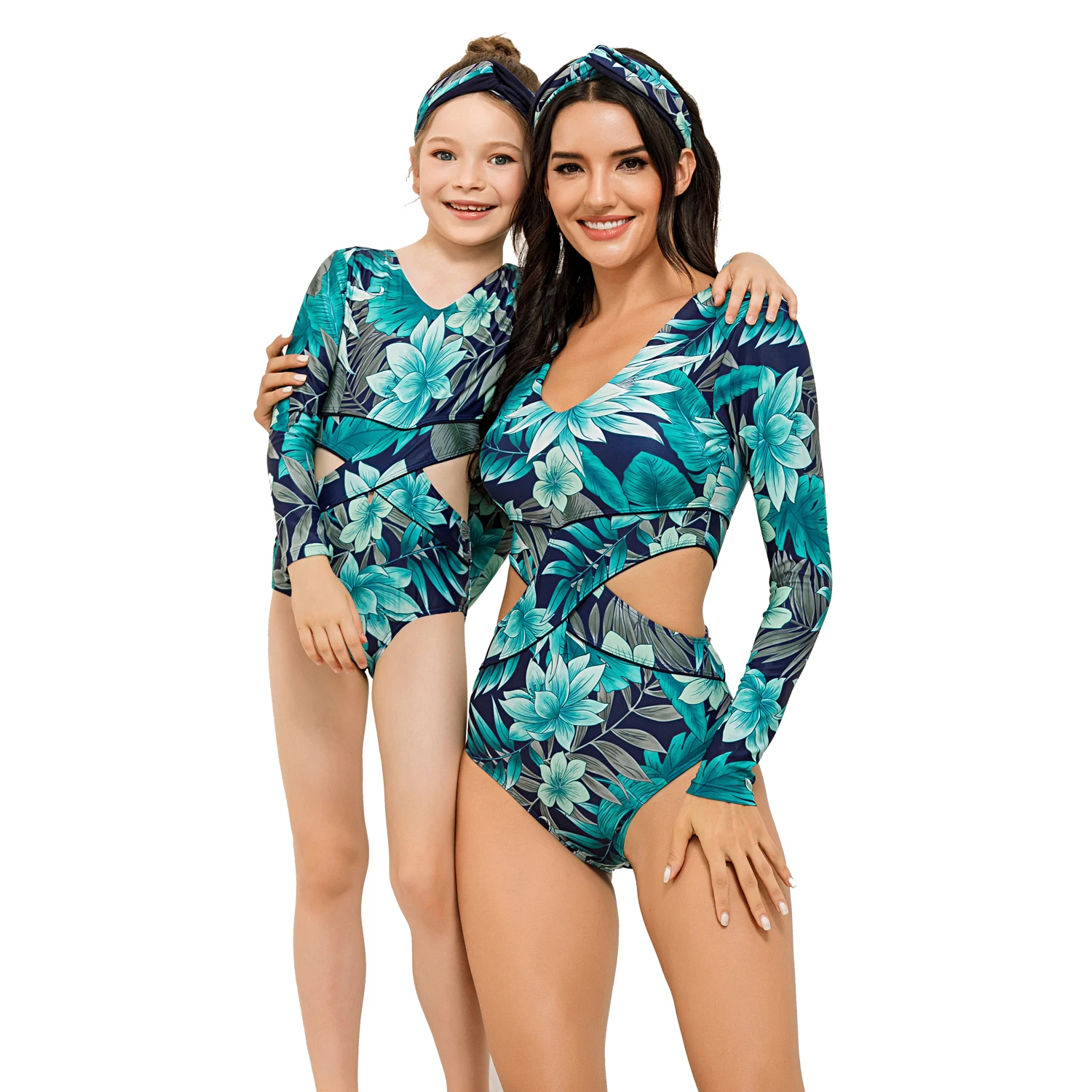 

Hot Selling Headband Cross Long Sleeve Bathing Suits Four Pieces Floral Swimming Costume Mum and Daughter Rash Guard Girls