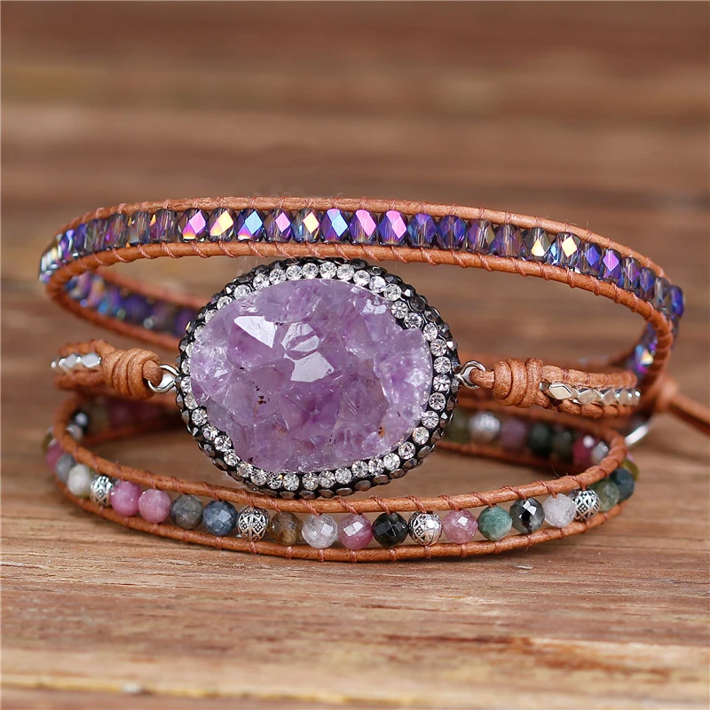 

YueTong Boho Amethyst Druzy Tourmaline Gemstone Beaded Leather Wrap Bracelet For Women Handmade Jewelry Friends Gift wholesale