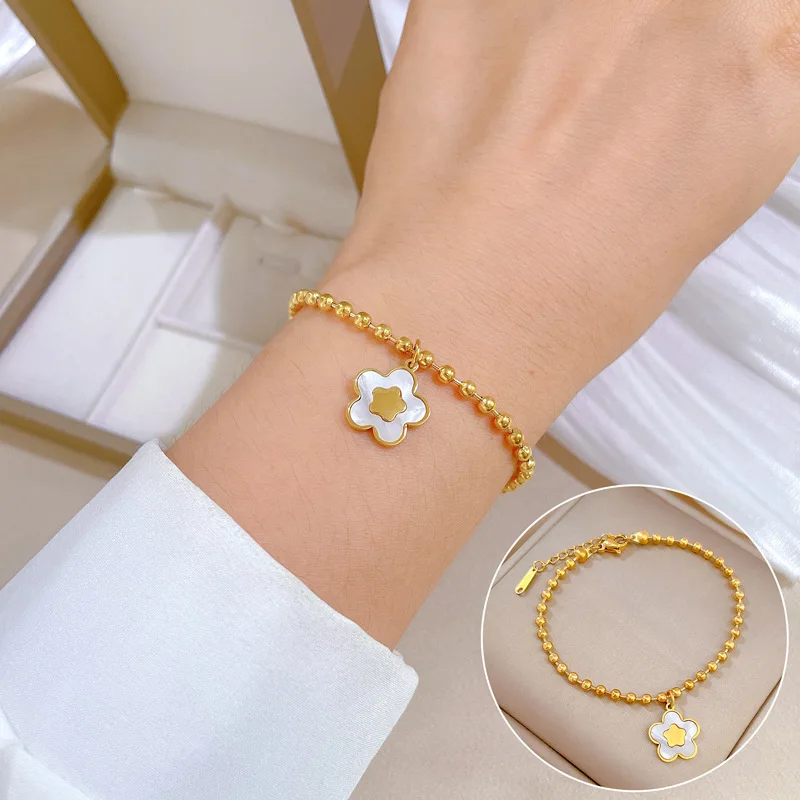 

18k Gold Plated Chain Bracelet Waterproof Stainless Steel Shell Flower Gemstone Charm Bracelet