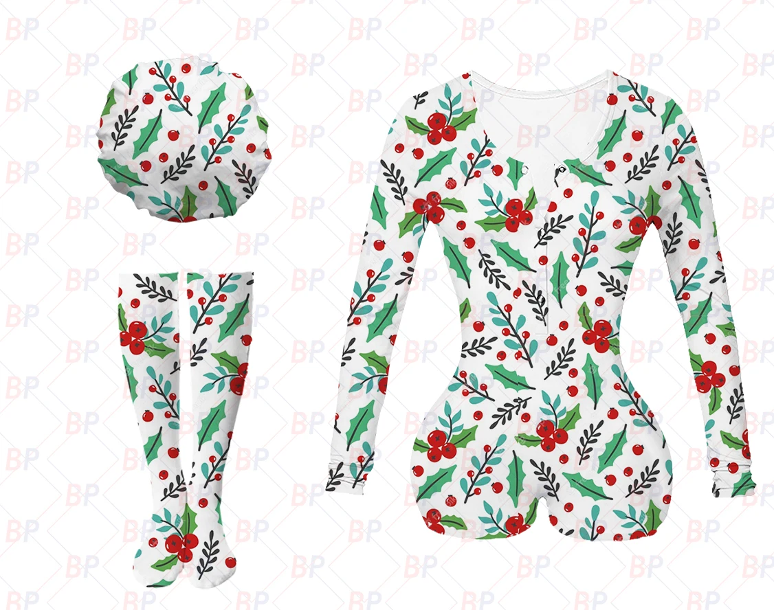 

Wholesale custom sexy designer christmas nightwear girls onesie with matching socks bonnets pyjama pajamas for adults woman