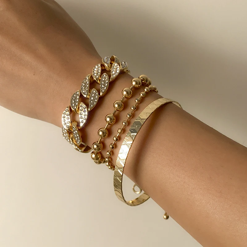 

Wholesale 4pcs/set Gold Plated Diamond Chunky Chain Bracelet Cuff Bangle Bracelet for Women Beads Wrist Bracelet