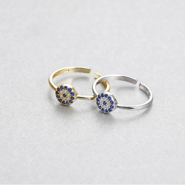 

Hot Sales CZ Zircon Pave Blue Eye Ring Open Finger 925 Sterling Silver Evil Eye Ring, Picture