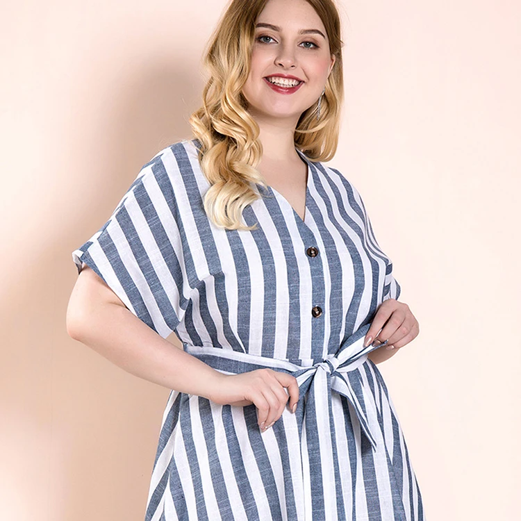 
Cotton And Linen Fabric Extreme Blue V-Neck Stripe Women Summer Casual Dress Plus Size Dress 