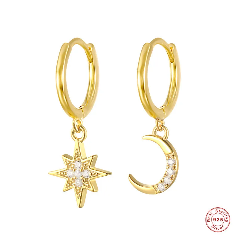 

Brilliant pave setting cubic zircon asymmetry Star and moon women huggies hoop earrings