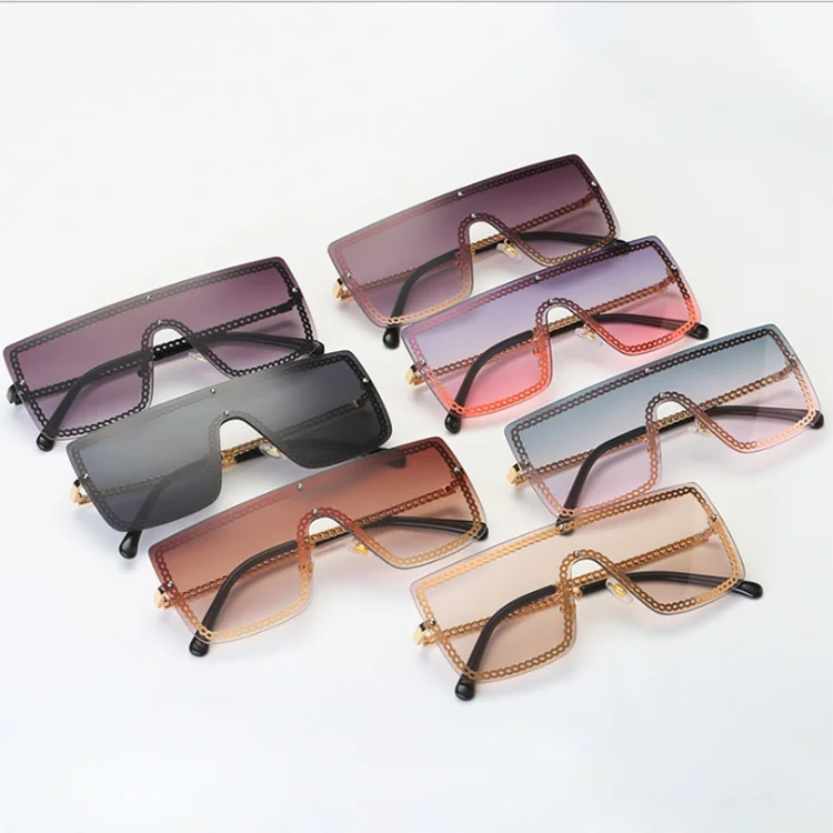 

Luxury Fashion Women Metal Chain Oversized One Piece Rimless Frames Sunglasses