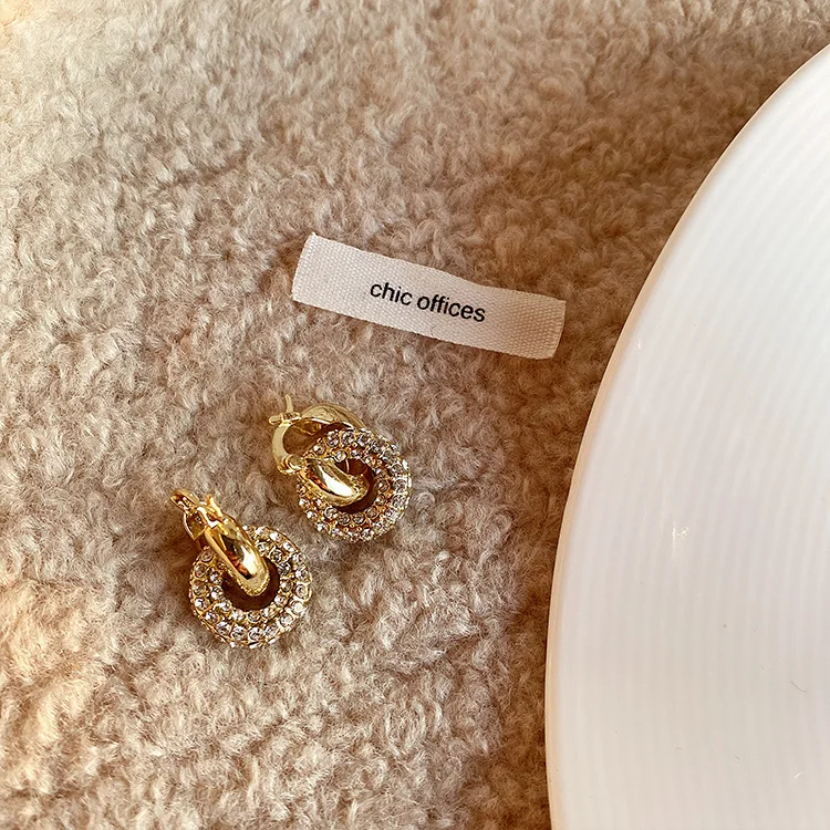 

French Style 14K Gold Plated Full Rhinestone Chunky Loop Earring S925 Post Crystal Hoop Earrings For Women