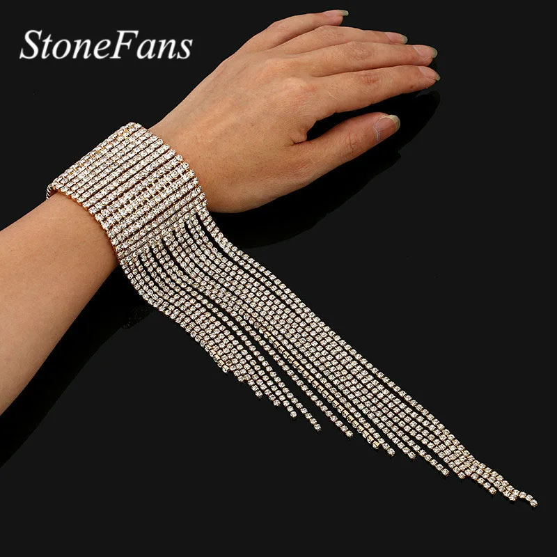 

Fashion Long Tassel Rhinestone Bracelet Hand Jewelry for Women Bridal Crystal Bracelets Wedding Jewelry, Gold silver