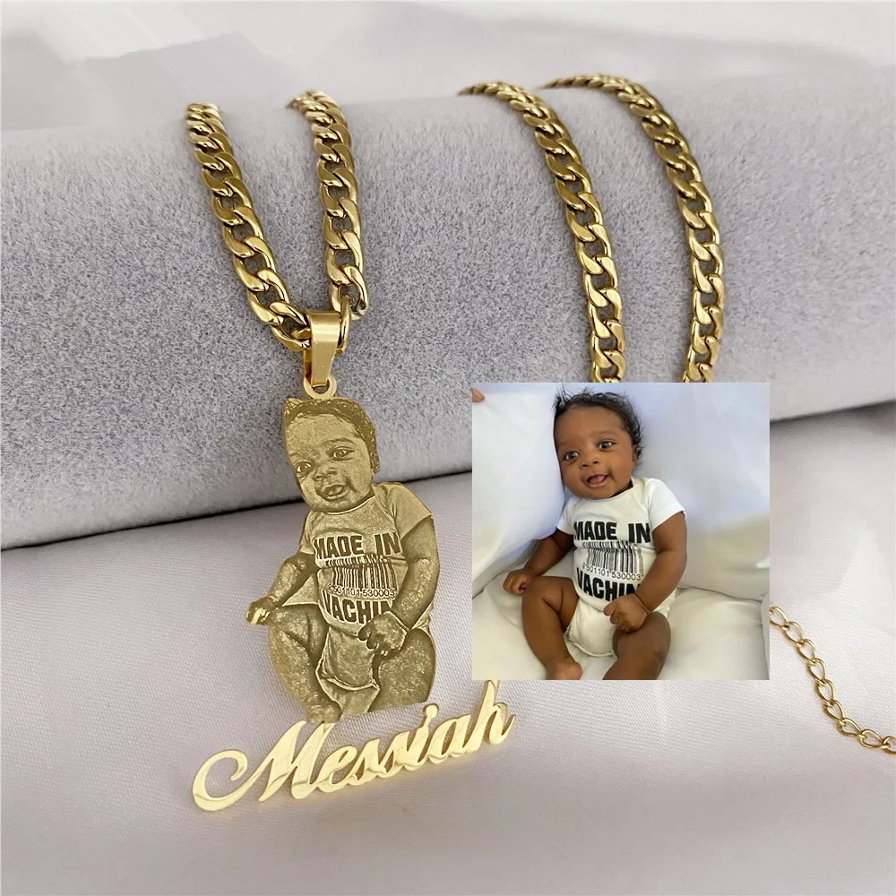 Lateefah OEM Custom Frosted Photo Name Stainless Steel  Kids Picture PVD Plated Necklace for Family Memory Gift