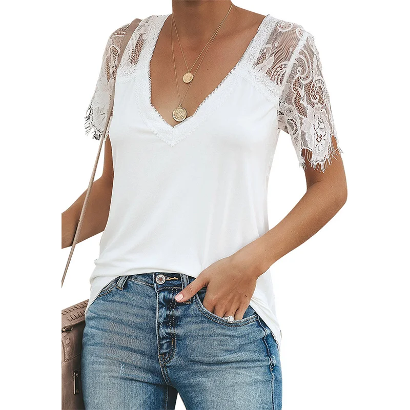 

Wholesale Womens Summer Clothing Plain Lace Patchwork Top Deep V Neck Women's T-shirts