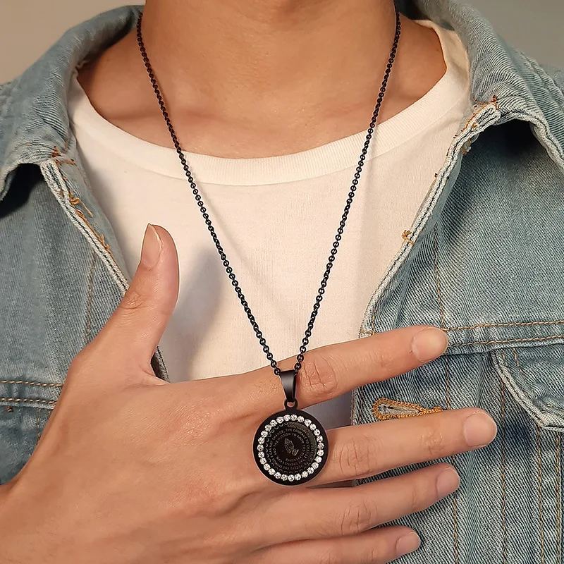 

Good Luck Stainless Steel Zircon Coin Pendant Serenity Prayer Necklace Gold Black Stainless Steel Crystal Praying Hand Necklace