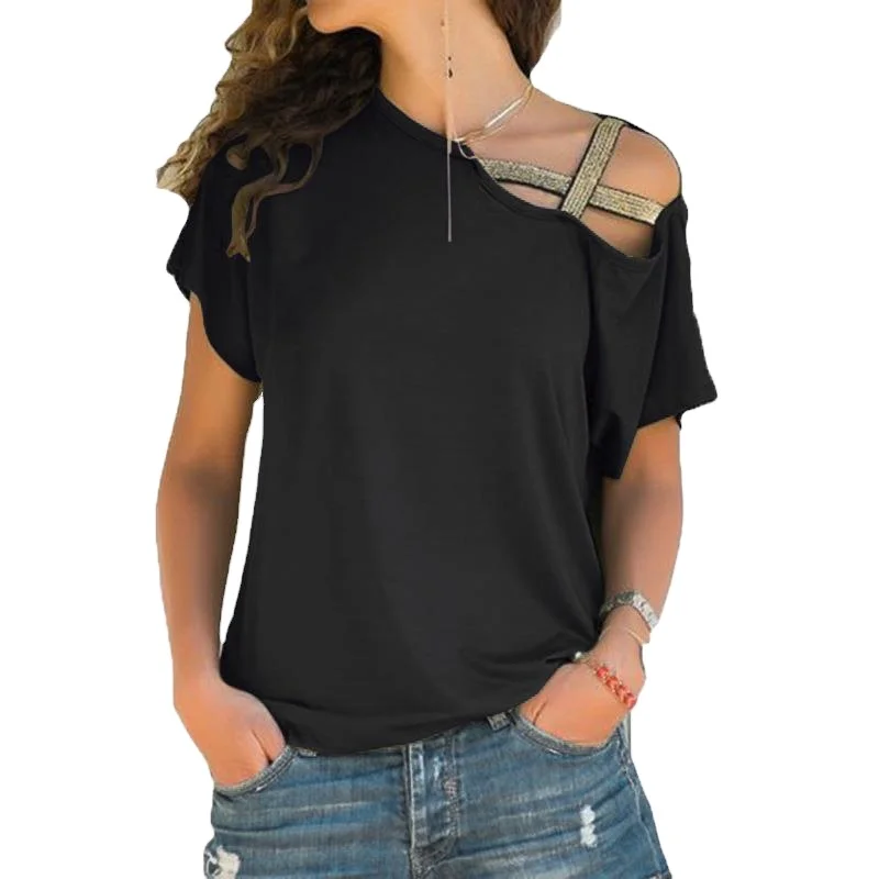 

2021New Product Summer Women Off-shoulder Casual Oblique Shoulder Cross Irregular T-shirt