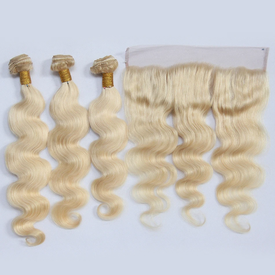 

Factory Dropshipping Brazilian Virgin Human Hair Extensions 3 Bundles, 13X4 Lace Frontal Closure #613 Blonde Body Wave