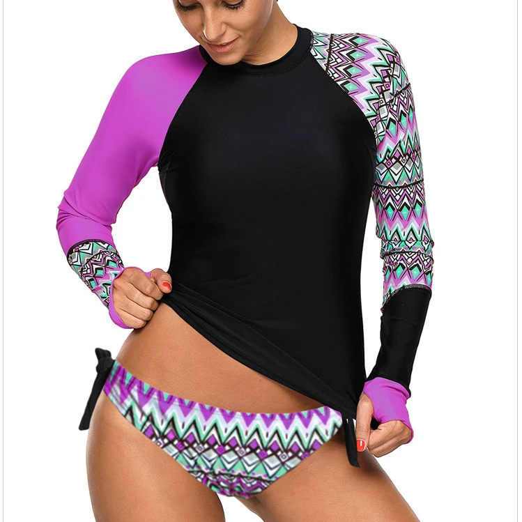 

Long-sleeved, printed, chest pad, underwireless briefs, large size split swimsuit, 2-piece set