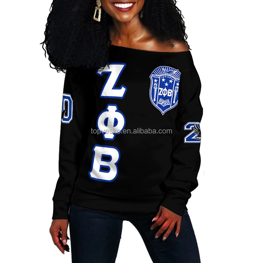 

Drop Ship Fashion Zeta Phi Beta Printed drop-shoulder Sweatshirt Pearl Blue Off Shoulder 1920 Sorority Long Sleeved Sweat Shirt, Customized color