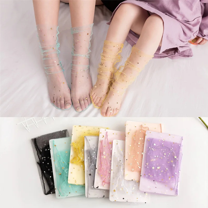 

Newest Summer Womens Children Glitter Star Soft Mesh Sheer Girl Elastic Thin Tulle Transparent Visible Hosiery Socks, As show/mixed