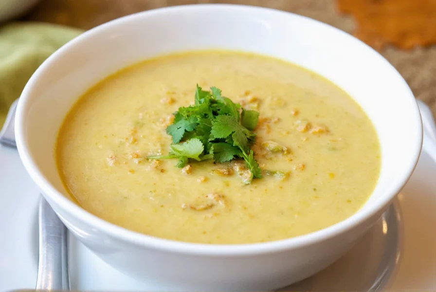 Creamy roasted poblano soup in white bowl with cilantro garnish