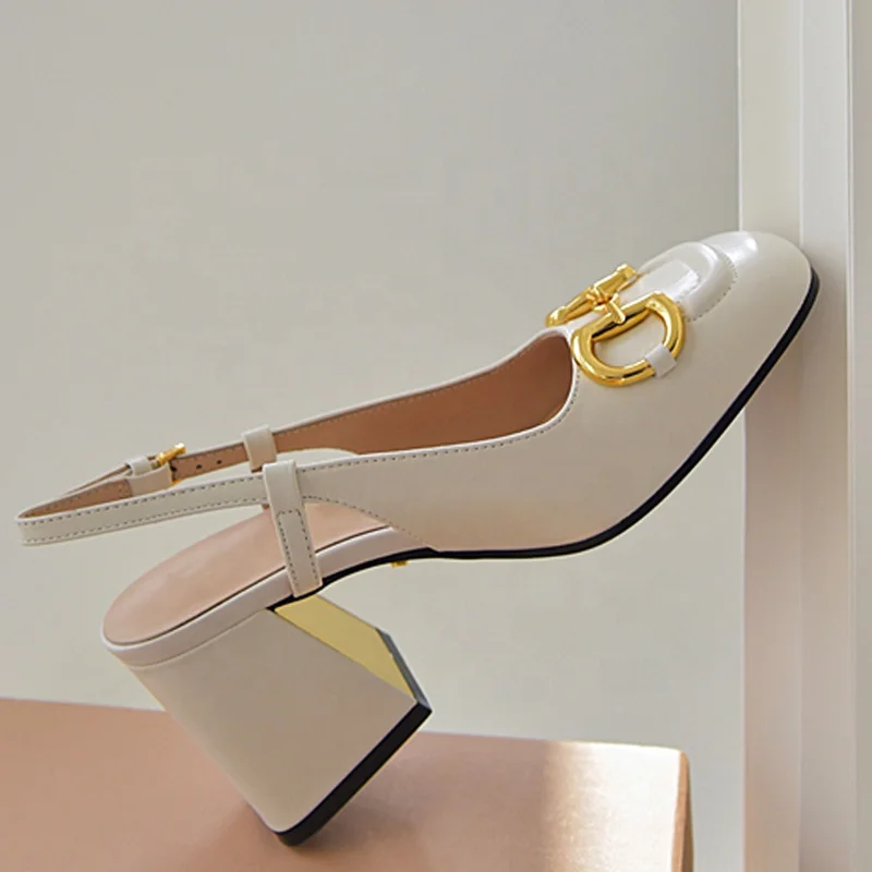 

luxury lady custom Horsebit buckle square toe shoes white high heels women's pumps