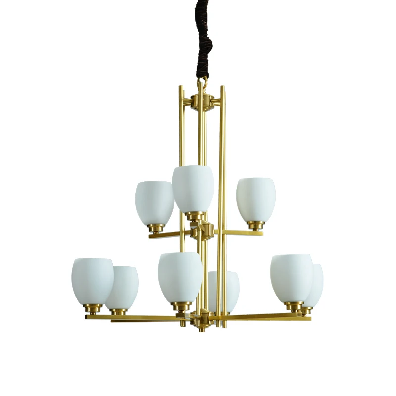 Art-Dynasty Antique Brass and Frosted Glass Hanging Lights with 9 Led  Light Semi Flush Pendant Light Modern Chandelier Lamp