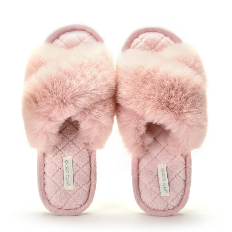 

Winter slippers plush cross belt floor cotton slippers indoor home artificial fur warm shoes non-slip family slippers flat shoes