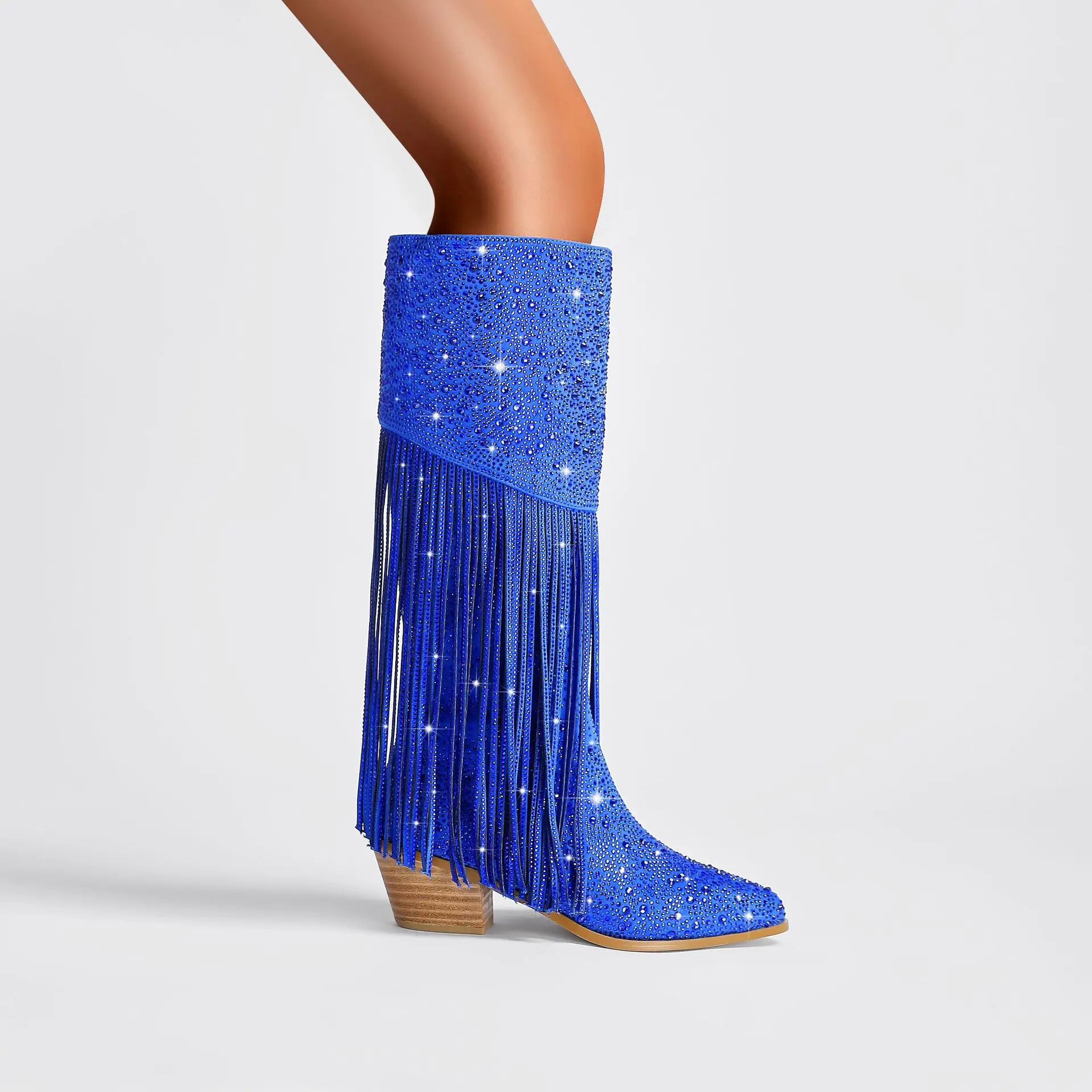 

BUSY GIRL MY4716 jewelry blue tassels rhinestone cowboy boots women high heels shoes 2023 full rhinestone women knee high boots