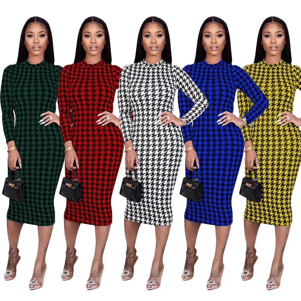 

21111-MX67 5 colors office wear midi printed casual dresses women sehe fashion