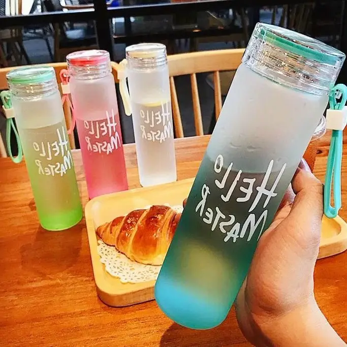 

OLERD BPA FREE Bottle Promotion Gift Letter Bottle Frosted Gradient Colorful Borosilicate Glass water bottle Lid