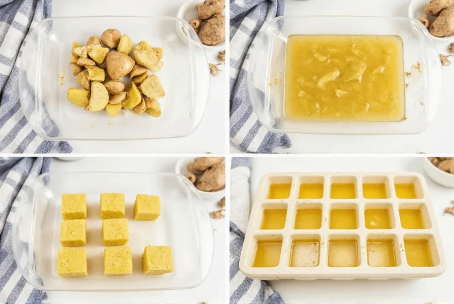 Step-by-step process of making ginger cubes at home with fresh ginger and ice cube tray