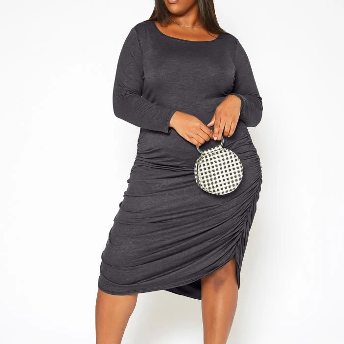 

Plus size 5XL Solid color pleated long-sleeved round neck amazon plus size women's casual dress, Customized color