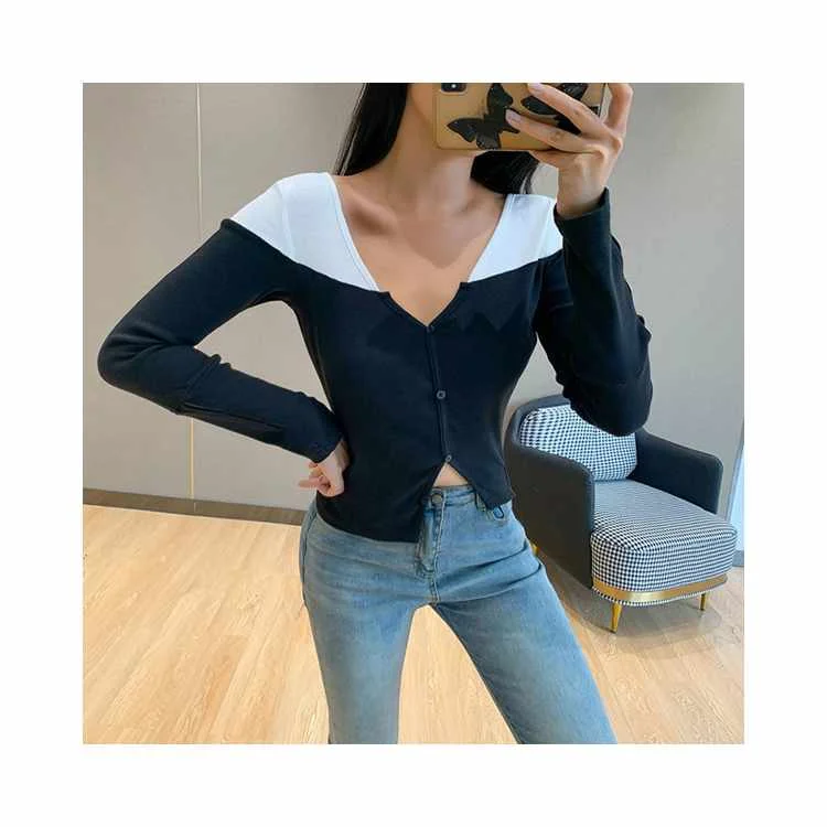 

Autumn Elegant Woman V-Neck Long Sleeve Womens Trendy Tops, Picture color