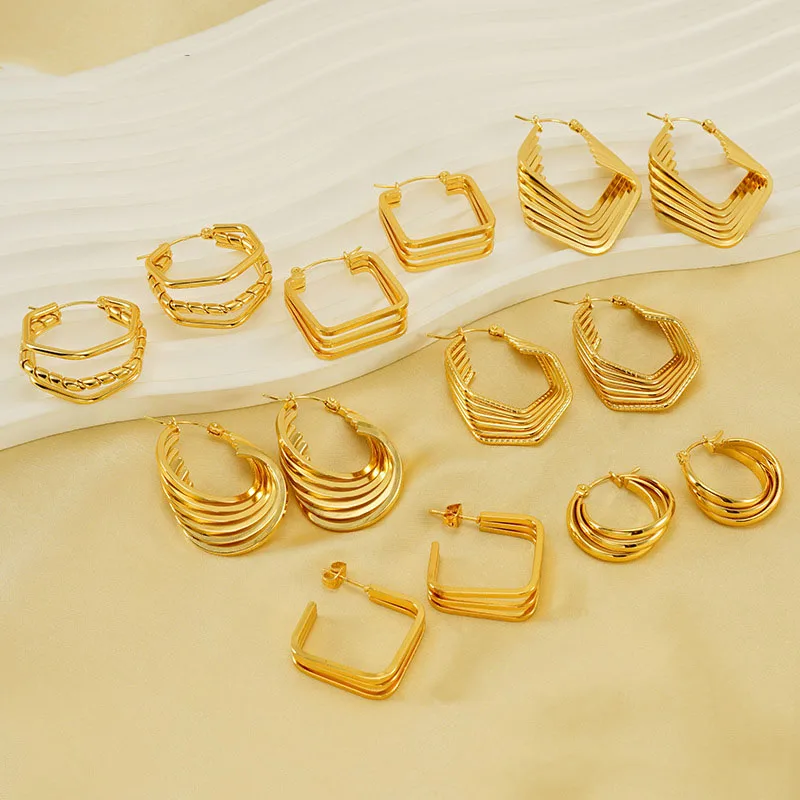 

Sample Vintage Designer 18K Gold Plated Stainless Steel Multi Layer Twist Hoop Earrings For Women Jewelry Wholesale Bulk
