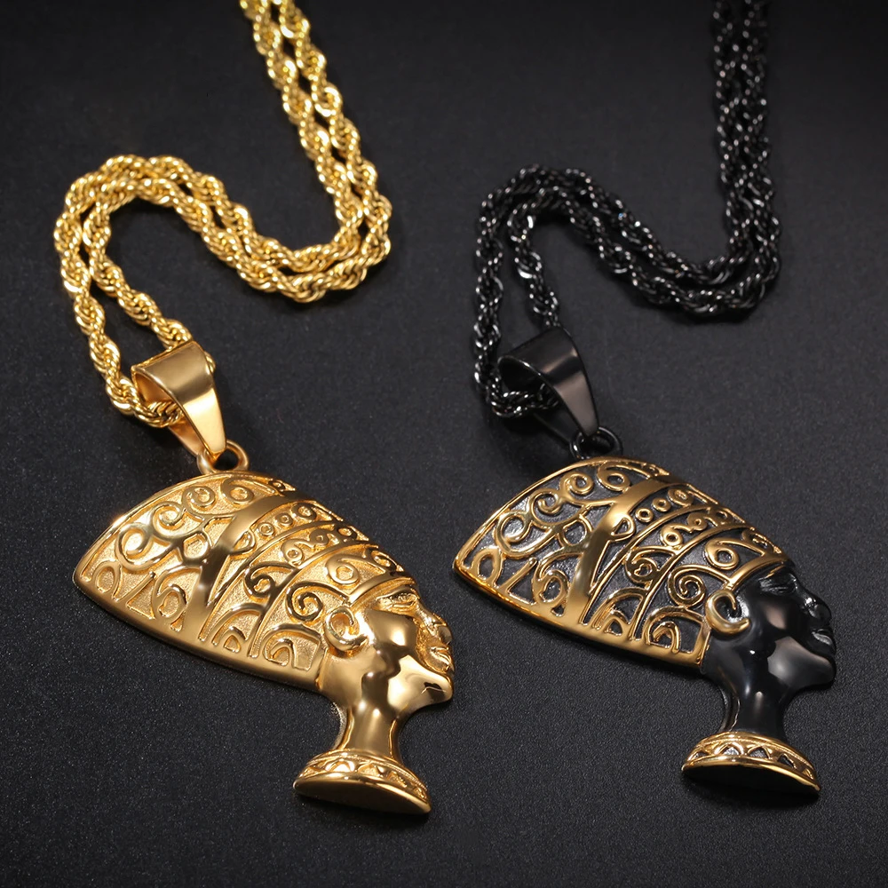 

Fashion Ancient Egyptian Queen Pharaoh Hip-Hop Fatima Pendant Egyptian Nefertiti Jewelry Head Portrait Necklace