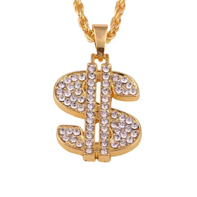 

Personality Crystal Zircon Dollar Money Necklace Hip Hop Necklace Men's and Women's Gold Plated Necklace Clavicle Chain