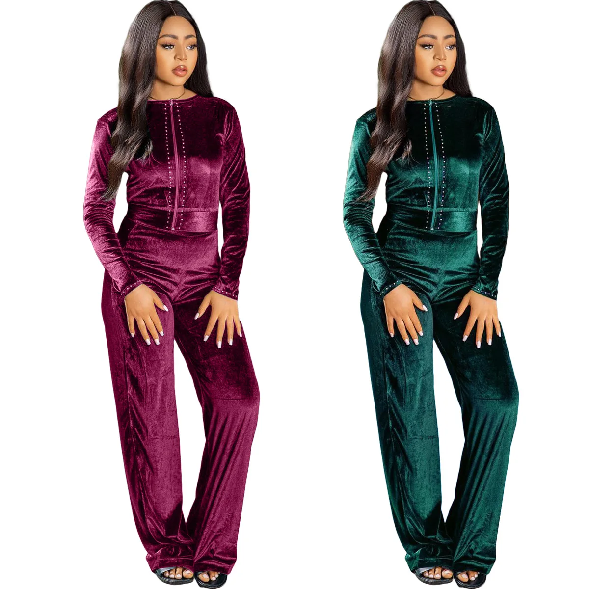 

Stylish Fall Winter Sportswear Ladies 2 Piece Set Women Casual Solid Beading Women Velvet Tracksuit Set, Picture color