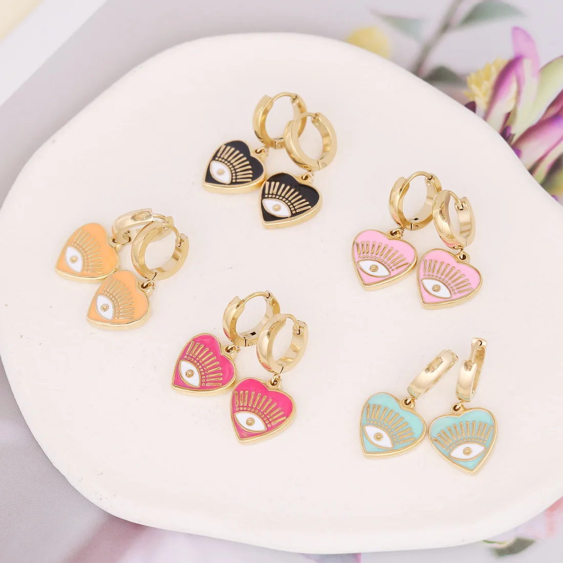 

Good Quality Stainless Steel Hoop Love Heart Evil Eyes Earring Colorful Enamel Love Heart Earring