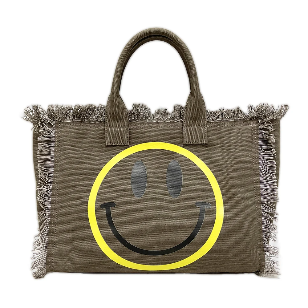 

Smile Face Printed New Design Olive Small Tote Bag Canvas Shipping Bag Muti-Use Tote Crossbody Fringe Bag